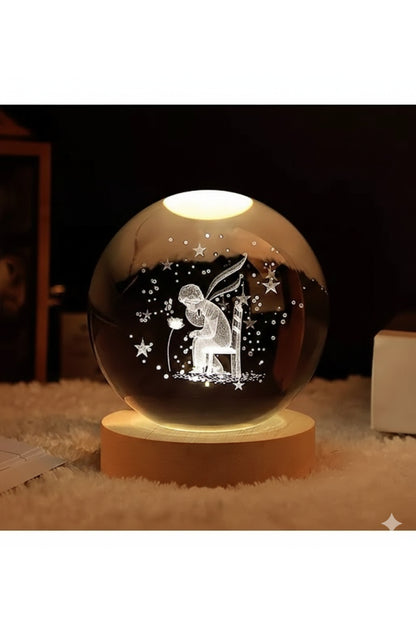 Küçük Prens Gül Tasarımlı Kristal Cam Küre Gece Lambası Ahşap Işıklı Dekoratif Masa Lambası USB
