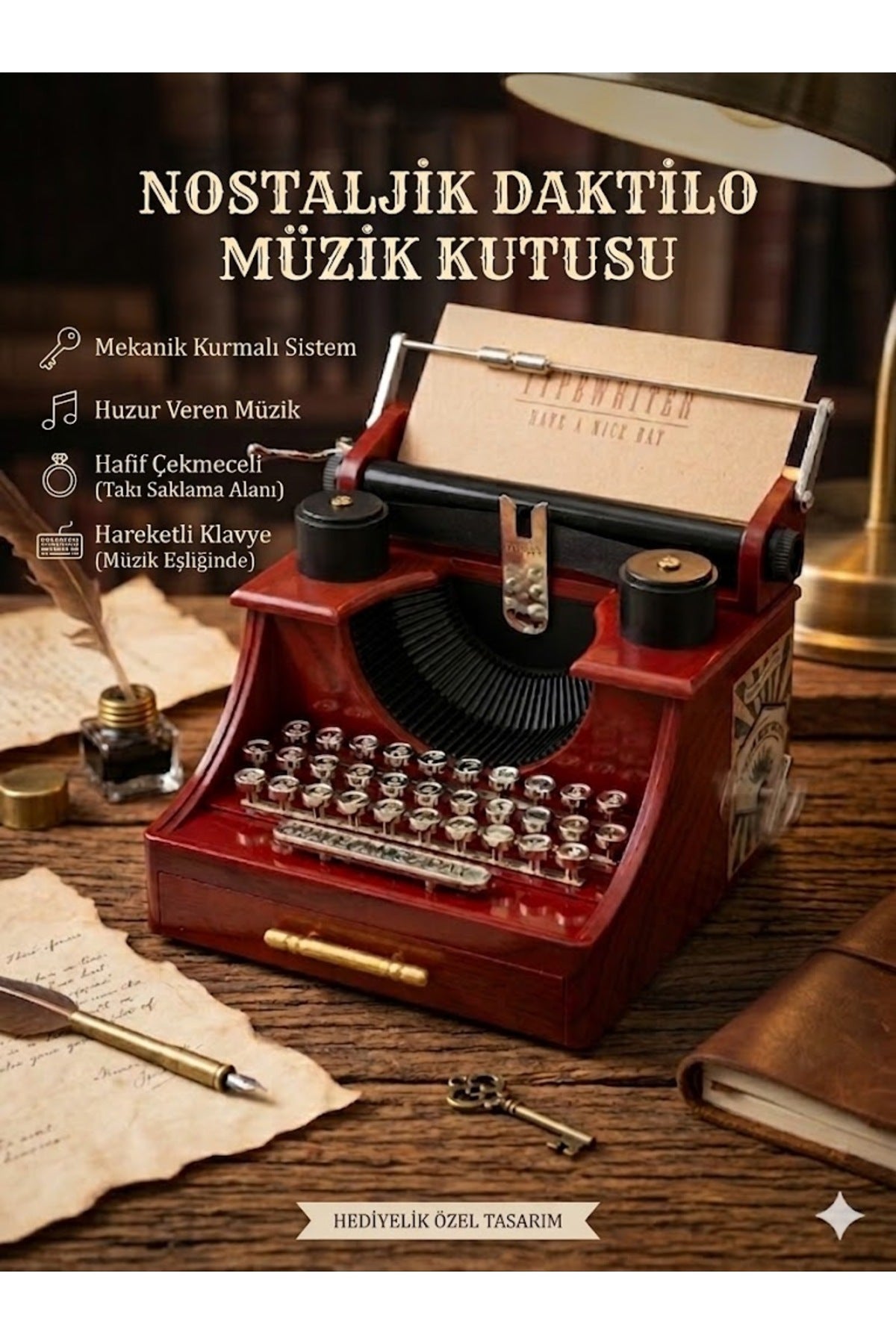 Nostaljik Daktilo Müzik Kutusu Kurmalı Vintage Dekoratif Hediye Obje