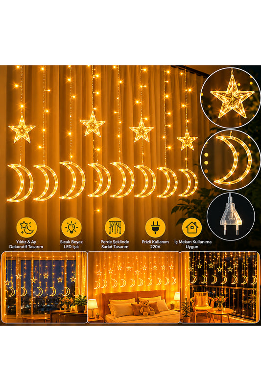 3 Metre Yildiz Ay LED Perde Isik Sicak Beyaz Dekoratif Sarkit 8 Modlu 220V Aydinlatma