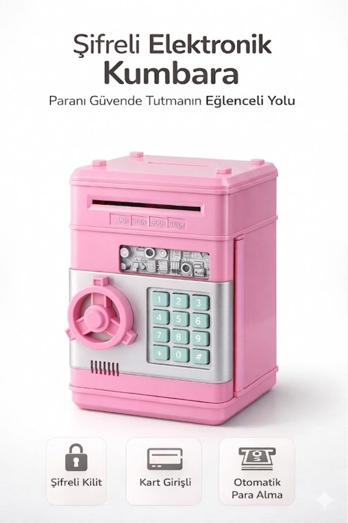 Pembe Şifreli Elektronik Kumbara Çocuklar İçin | ATM Kart Girişli Otomatik Para Yutan Para Kasası