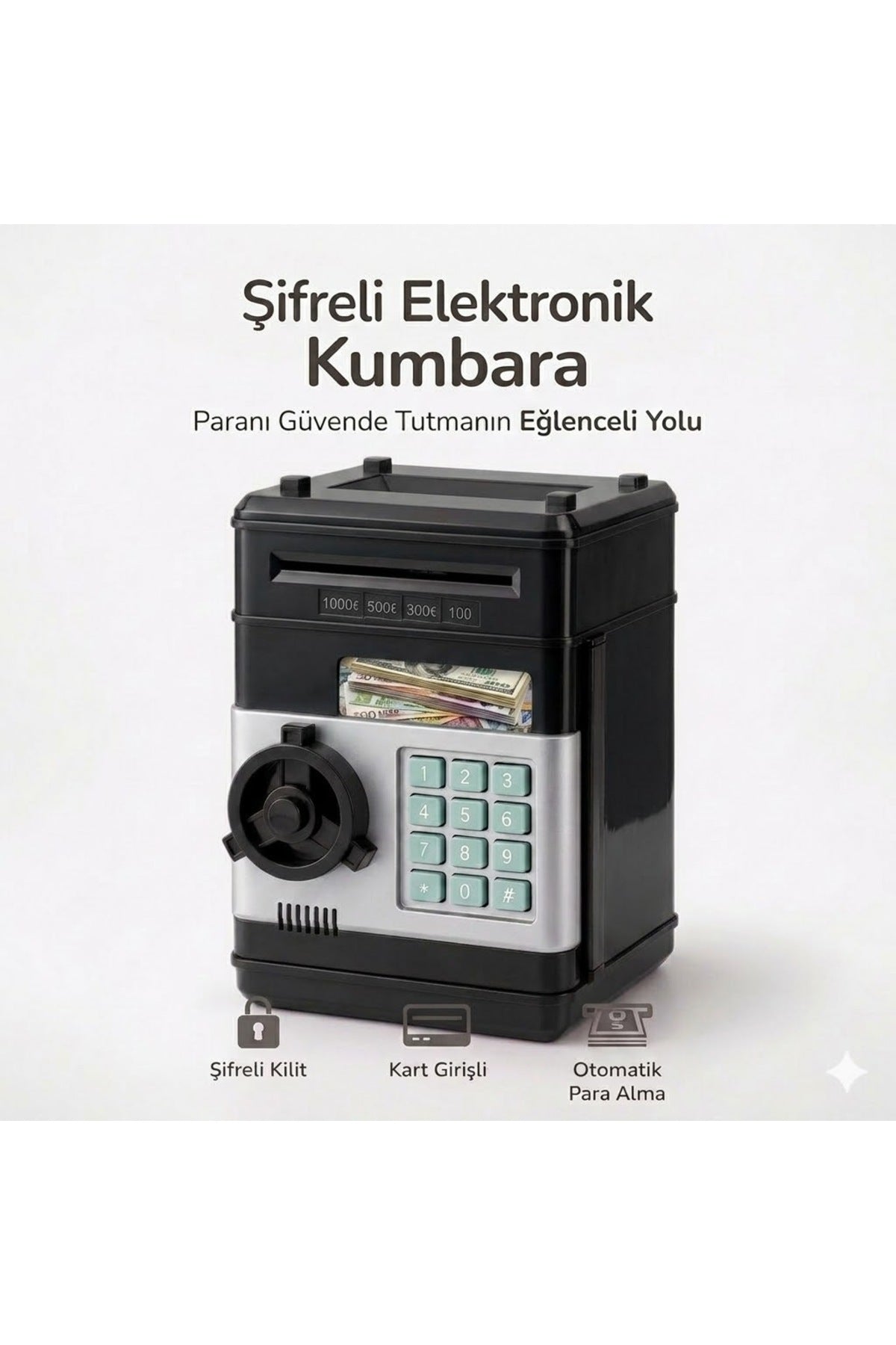 Siyah Şifreli Elektronik Kumbara Çocuklar İçin | ATM Kart Girişli Otomatik Para Yutan Para Kasası