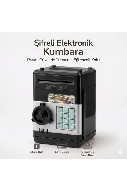 Siyah Şifreli Elektronik Kumbara Çocuklar İçin | ATM Kart Girişli Otomatik Para Yutan Para Kasası