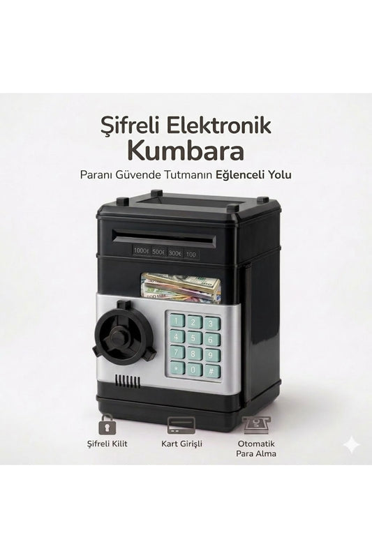 Siyah Şifreli Elektronik Kumbara Çocuklar İçin | ATM Kart Girişli Otomatik Para Yutan Para Kasası