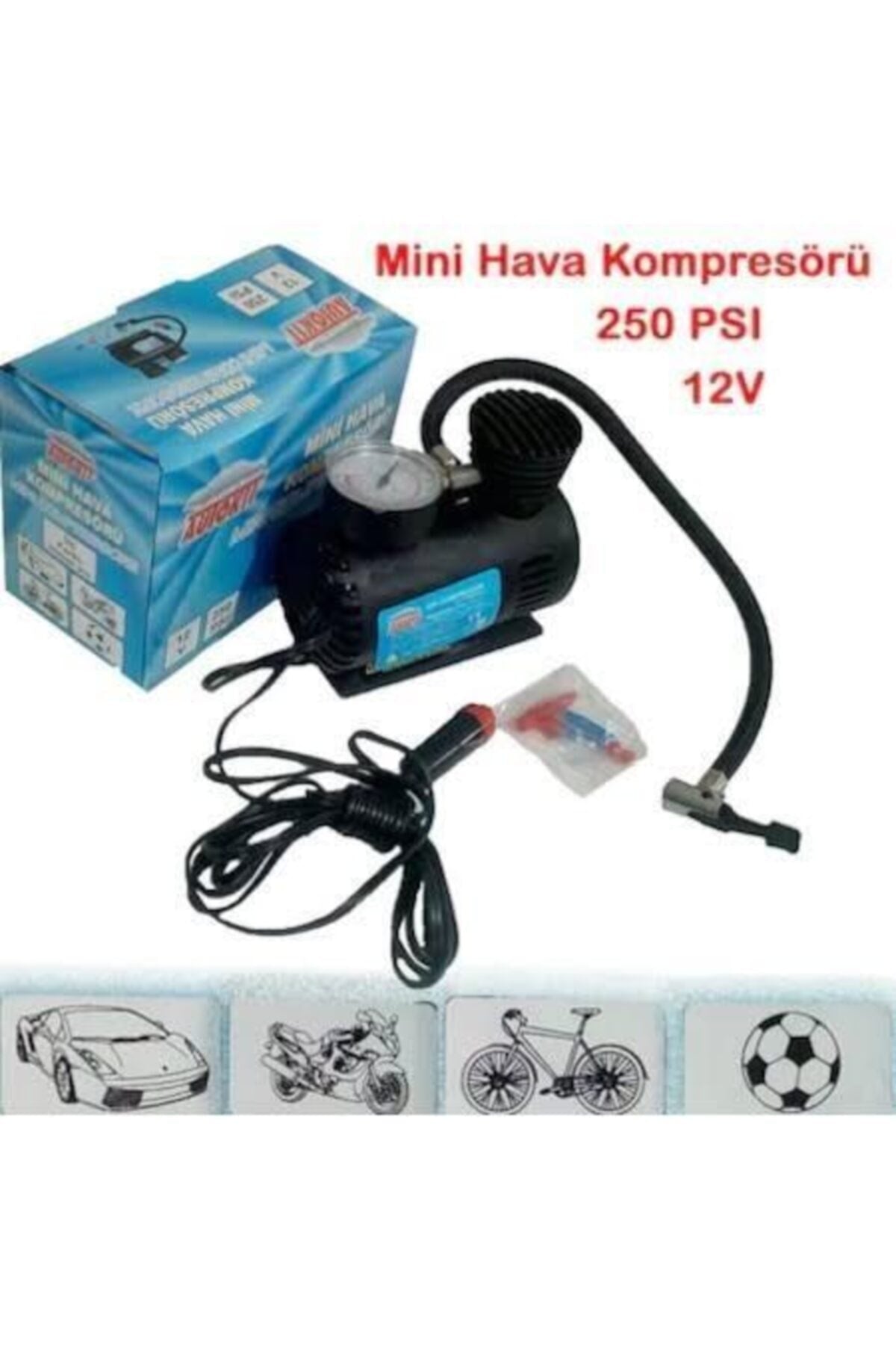 Araba Oto Araç Lastik Şişirme Pompası Hava Kompresörü 250psi 12v Volt Şişirici Kompresör Pompa Seti