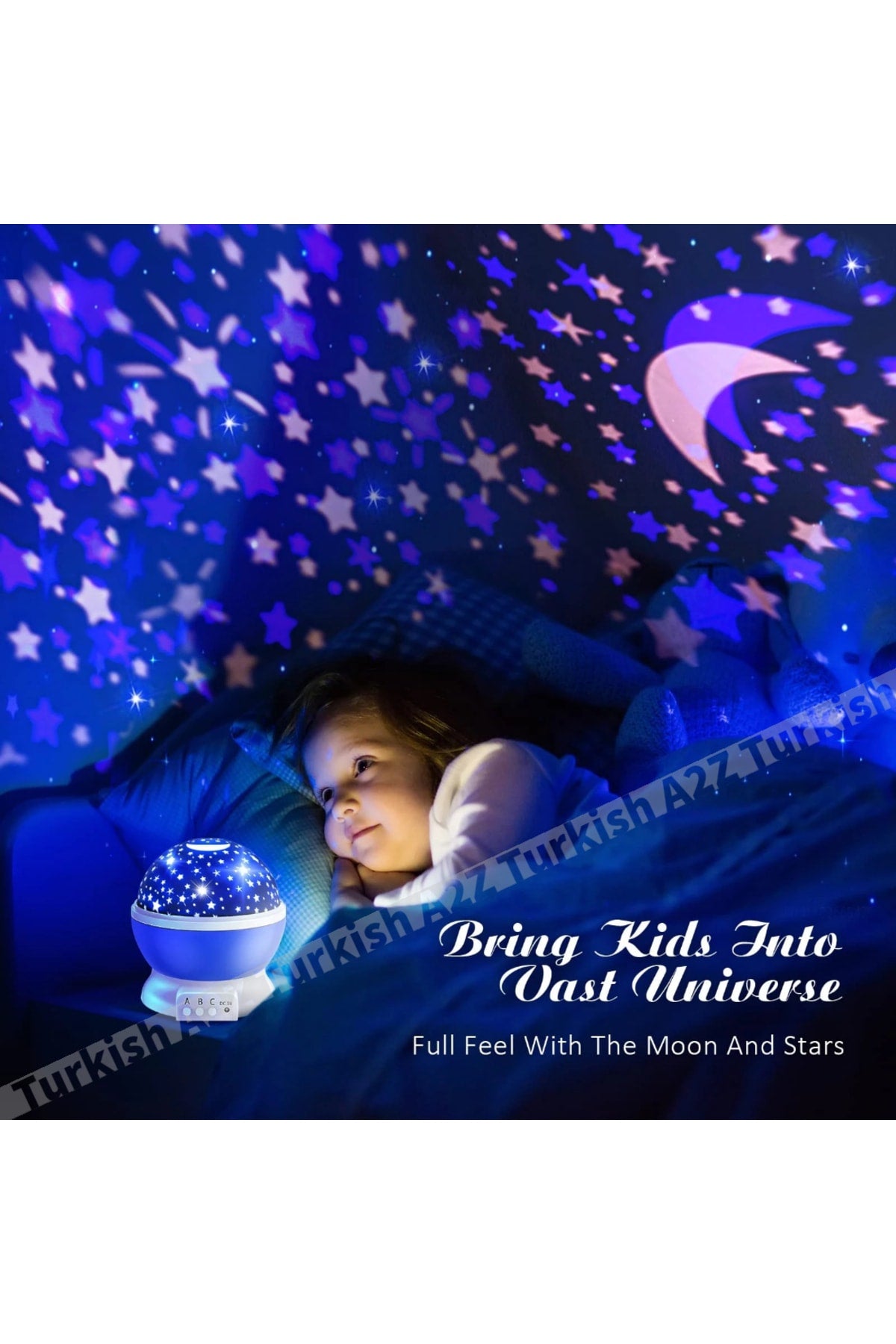 Mavi Dönen Renkli Ay Yıldızlı Gökyüzü Yansıtmalı Projeksiyon Gece Lambası Çocuk Bebek Parti Odası