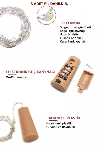 Dekoratif Telli Peri Led Şişe Tıpası 1 mt - 3 Adet