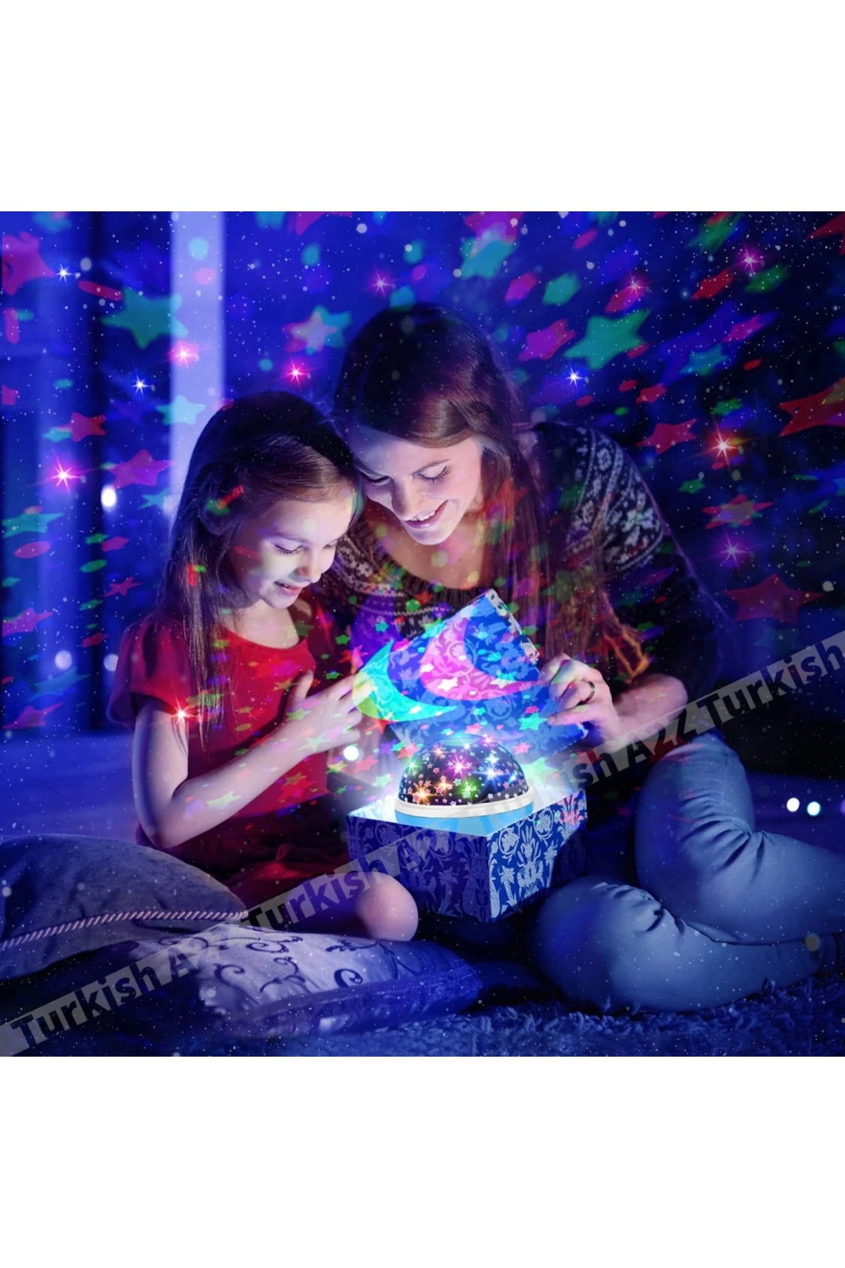 Mavi Dönen Renkli Ay Yıldızlı Gökyüzü Yansıtmalı Projeksiyon Gece Lambası Çocuk Bebek Parti Odası