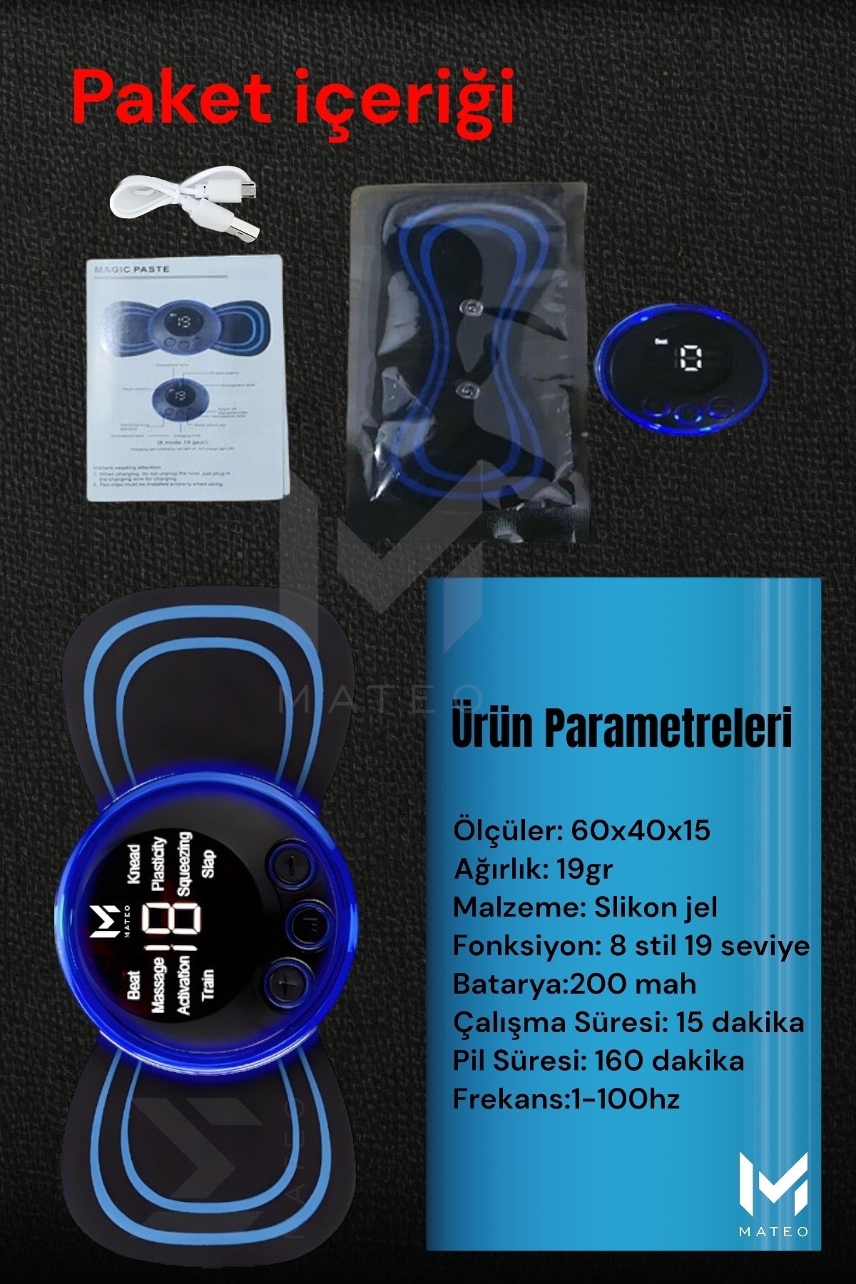 Pedli Masaj Aleti Bel Sırt Bacak Kol 8 Farklı Stil 18 Kademeli Titreşimli Şarjlı Taşınabilir Tens